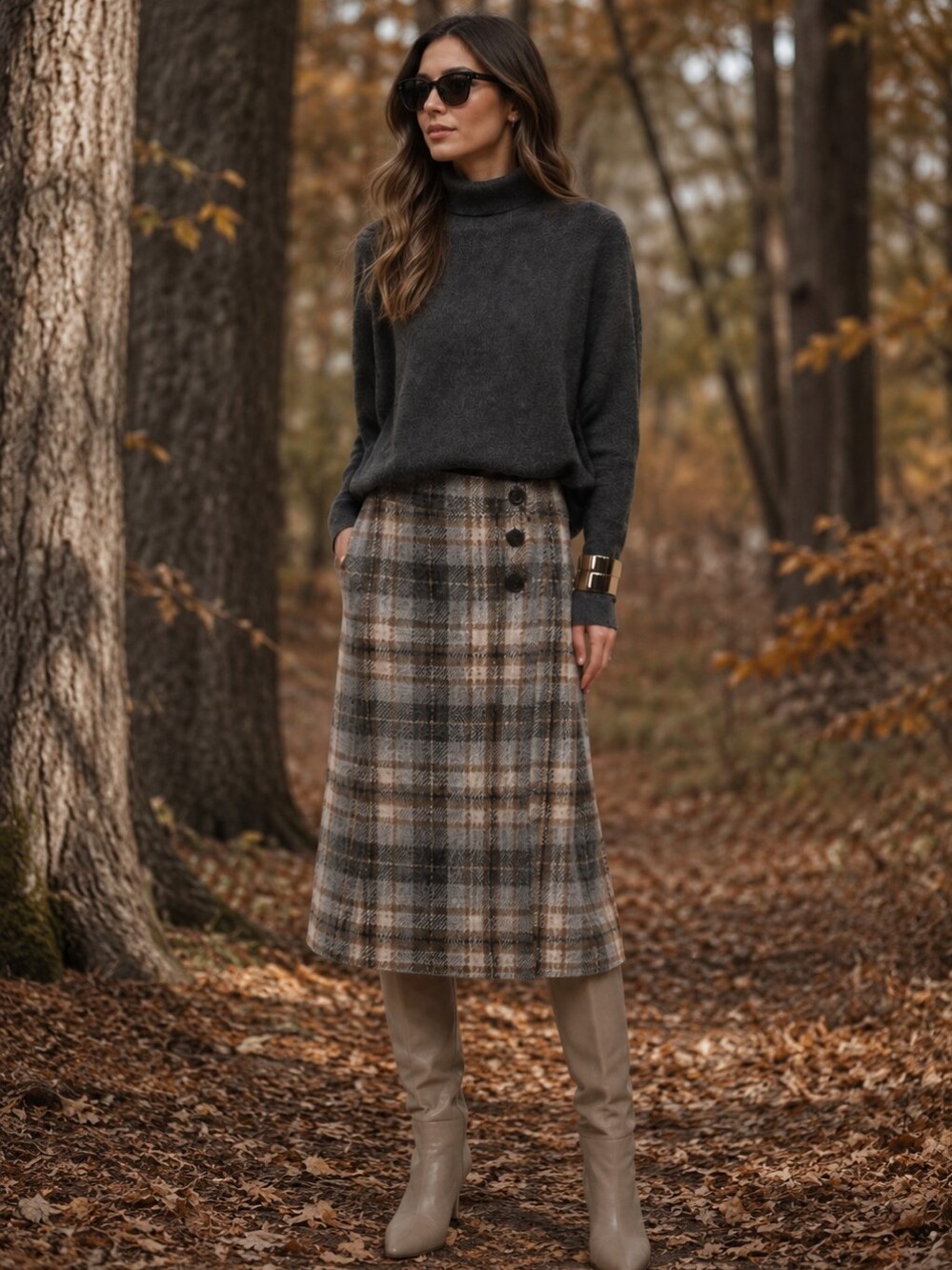 Vintage Plaid Midi A-Line Skirt with Side Buttons - Gray/Tan 100% Wool London
